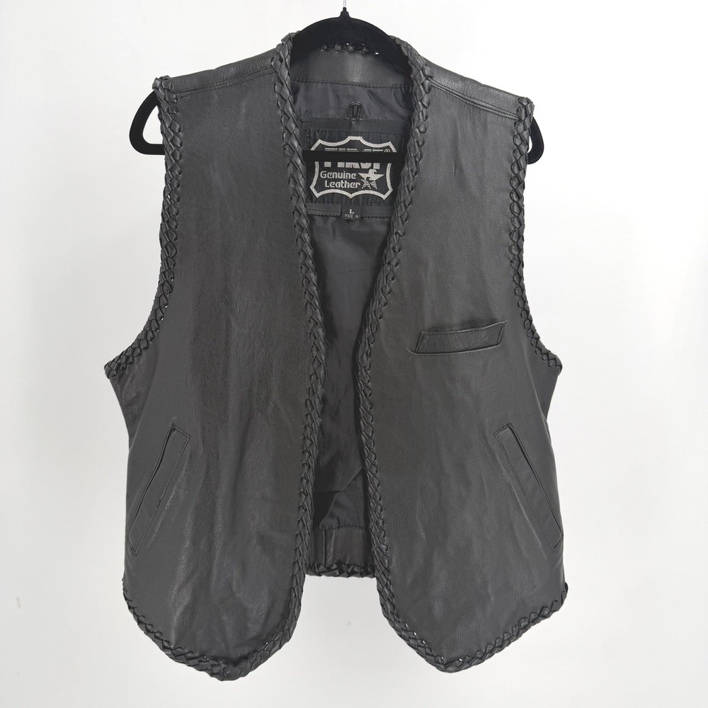Vtg First Genuine Leather Vest Mens L Black Braided Trim Biker Moto Goth Punk